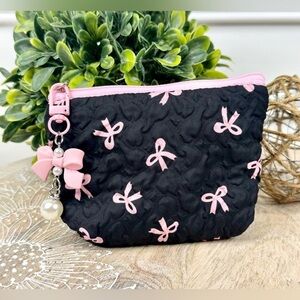 Charming Black Quilted Pouch with Pink Bows